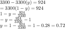 3300-3300(y)=924\\=3300(1-y)=924\\1-y=\frac{924}{3300} \\-y=\frac{924}{3300} -1\\y=1-\frac{924}{3300}=1-0.28=0.72