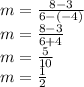 m=\frac{8-3}{6-(-4)}\\m=\frac{8-3}{6+4}\\m=\frac{5}{10}\\m=\frac{1}{2}