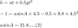 h = u t + 0.5 gt^2\\\\- 1 = u sin A \times 4.5 - 0.5 \times 9.8\times 4.5^2\\\\u sin A = 21.8 ..... (2)