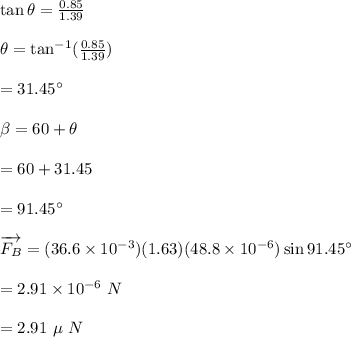 \tan \theta=\frac{0.85}{1.39}\\\\\theta=\tan^{-1} (\frac{0.85}{1.39})\\\\=31.45^{\circ}\\\\\beta =60+\theta\\\\=60+31.45\\\\= 91.45^{\circ}\\\\ \overrightarrow{F_B} =(36.6\times 10^{-3}) (1.63) (48.8\times 10^{-6})\sin 91.45^{\circ}\\\\=2.91 \times 10^{-6}\ N\\\\=2.91 \ \mu \ N