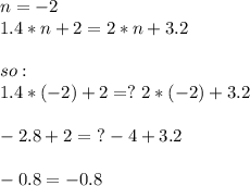 n=-2\\1.4*n+2=2*n+3.2\\\\so:\\1.4*(-2)+2=?\  2*(-2)+3.2\\\\-2.8+2=\ ? -4+3.2\\\\-0.8=-0.8\\