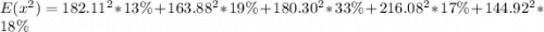 E(x^2) = 182.11^2 * 13\% + 163.88^2 * 19\% + 180.30^2 * 33\% + 216.08^2 * 17\% + 144.92^2 * 18\%