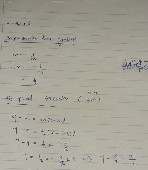 Identify an equation in point-slope form for the line perpendicular to y= -2x + 8 that passes throug