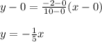 y-0=\frac{-2-0}{10-0}(x-0)\\\\y=-\frac{1}{5}x  \\\\