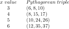 \begin{array}{ccl}x \ value&&Pythagorean \ triple\\3&&(6, 8, 10)\\4&&(8, 15, 17)\\5&&(10, 24, 26)\\6&&(12, 35, 37)\end{array}