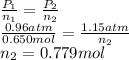 \frac{P_{1}}{n_{1}} = \frac{P_{2}}{n_{2}}\\\frac{0.96 atm}{0.650 mol} = \frac{1.15 atm}{n_{2}}\\n_{2} = 0.779 mol