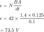 \epsilon=N\dfrac{BA}{dt}\\\\\epsilon=42\times \dfrac{1.4\times 0.125}{0.1}\\\\=73.5\ V