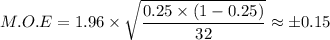 M.O.E = 1.96\times \sqrt{\dfrac{0.25\times(1-0.25)}{32}} \approx \pm0.15