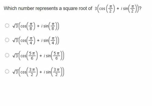 Which number represents a square root of 3 (cosine (StartFraction pi Over 2 EndFraction) + I sine (S