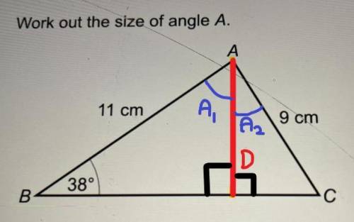 Work out the size of angle A.
11 cm
9 cm
38°
B В
С