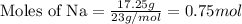 \text{Moles of Na}=\frac{17.25g}{23g/mol}=0.75mol