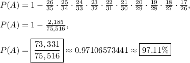 P(A)=1-\frac{26}{35}\cdot \frac{25}{34}\cdot \frac{24}{33}\cdot \frac{23}{32}\cdot \frac{22}{31}\cdot \frac{21}{30}\cdot \frac{20}{29}\cdot \frac{19}{28}\cdot \frac{18}{27}\cdot \frac{17}{26},\\\\P(A)=1-\frac{2,185}{75,516},\\\\P(A)=\boxed{\frac{73,331}{75,516}}\approx 0.97106573441\approx \boxed{97.11\%}