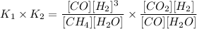 $K_1 \times K_2=\frac{[CO][H_2]^3}{[CH_4][H_2O]} \times \frac{[CO_2][H_2]}{[CO][H_2O]}$