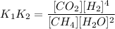 $K_1K_2=\frac{[CO_2][H_2]^4}{[CH_4][H_2O]^2}$