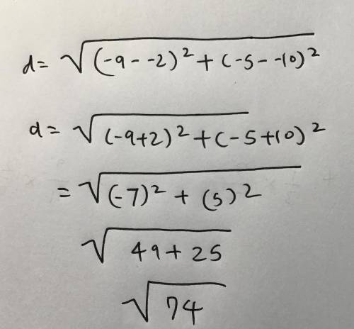 Find the distance between the points (-2, -10) and (-9,-5) on a coordinate plane.