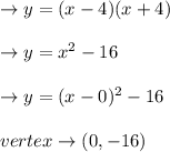 \to y=(x-4)(x+4)\\\\\to y=x^2-16\\\\\to y=(x-0)^2-16\\\\vertex \to (0,-16)