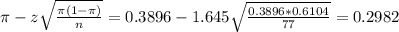 \pi - z\sqrt{\frac{\pi(1-\pi)}{n}} = 0.3896 - 1.645\sqrt{\frac{0.3896*0.6104}{77}} = 0.2982