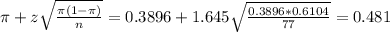 \pi + z\sqrt{\frac{\pi(1-\pi)}{n}} = 0.3896 + 1.645\sqrt{\frac{0.3896*0.6104}{77}} = 0.481