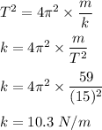 T^2=4\pi^2\times \dfrac{m}{k}\\\\k=4\pi^2\times \dfrac{m}{T^2}\\\\k=4\pi^2\times \dfrac{59}{(15)^2}\\\\k=10.3\ N/m