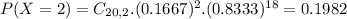 P(X = 2) = C_{20,2}.(0.1667)^{2}.(0.8333)^{18} = 0.1982
