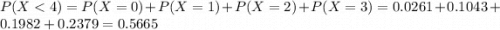 P(X < 4) = P(X = 0) + P(X = 1) + P(X = 2) + P(X = 3) = 0.0261 + 0.1043 + 0.1982 + 0.2379 = 0.5665