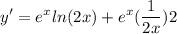 \displaystyle y' = e^xln(2x) + e^x(\frac{1}{2x})2