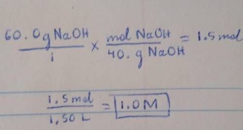 Calculate the molarity of a solution consisting of 60.0 g of NaOH in 1.50 L of solution.