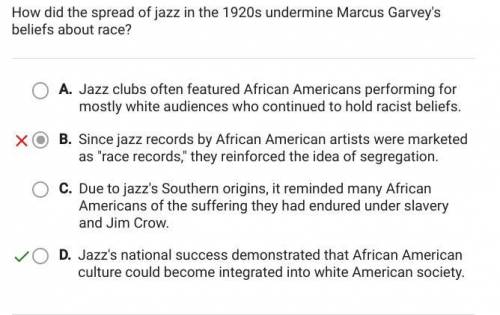 How did the spread of jazz in the 1920s undermine Marcus Garvey's beliefs about race?

A. Jazz clubs