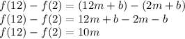 f(12)-f(2) = (12m+b)-(2m+b)\\f(12)-f(2) = 12m+b-2m-b\\f(12)-f(2) = 10m\\
