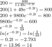 200 =  \frac{800}{1 + 49 {e}^{ - 0.2t} }  \\ 200(1 + 49 {e}^{ - 0.2t} ) = 800 \\ 200 + 9800 {e}^{ - 0.2t}  = 800 \\ 9800 {e}^{ - 0.2t}  = 600 \\  {e}^{ - 0.2t}  =  \frac{3}{49}  \\  ln( {e}^{ - 0.2t} )  =  ln( \frac{3}{49} )  \\ -  0.2t =  - 2.793 \\ t = 13.96 = 14