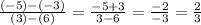 \frac{(-5)-(-3)}{(3)-(6)}=\frac{-5+3}{3-6}=\frac{-2}{-3}=\frac{2}{3}