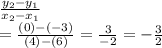 \frac{y_2-y_1}{x_2-x_1}\\=\frac{(0)-(-3)}{(4)-(6)}=\frac{3}{-2}=-\frac{3}{2}