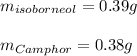m_{isoborneol }=0.39g\\\\m_{Camphor}=0.38g\\