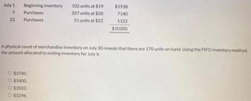 A physical count of merchandise inventory on July 30 reveals that there are 170 units on hand. Using