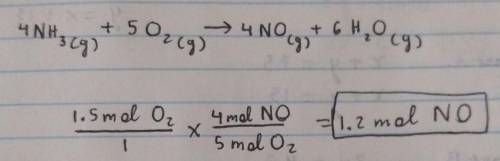 Gaseous ammonia chemically reacts with oxygen gas to produce nitrogen monoxide gas and water vapor.