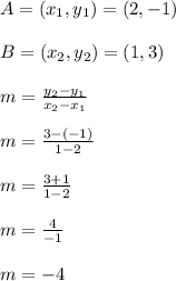 A = (x_1,y_1) = (2,-1)\\\\B = (x_2,y_2) = (1,3)\\\\m = \frac{y_{2} - y_{1}}{x_{2} - x_{1}}\\\\m = \frac{3 - (-1)}{1 - 2}\\\\m = \frac{3 + 1}{1 - 2}\\\\m = \frac{4}{-1}\\\\m = -4\\\\