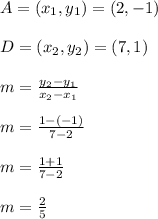 A = (x_1,y_1) = (2,-1)\\\\D = (x_2,y_2) = (7,1)\\\\m = \frac{y_{2} - y_{1}}{x_{2} - x_{1}}\\\\m = \frac{1 - (-1)}{7 - 2}\\\\m = \frac{1 + 1}{7 - 2}\\\\m = \frac{2}{5}\\\\
