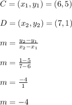 C = (x_1,y_1) = (6,5)\\\\D = (x_2,y_2) = (7,1)\\\\m = \frac{y_{2} - y_{1}}{x_{2} - x_{1}}\\\\m = \frac{1 - 5}{7 - 6}\\\\m = \frac{-4}{1}\\\\m = -4\\\\