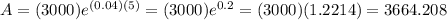 A=(3000)e^{(0.04)(5)} =(3000)e^{0.2} =(3000)(1.2214)=3664.208