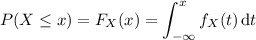 P(X\le x) = F_X(x) = \displaystyle\int_{-\infty}^x f_X(t)\,\mathrm dt