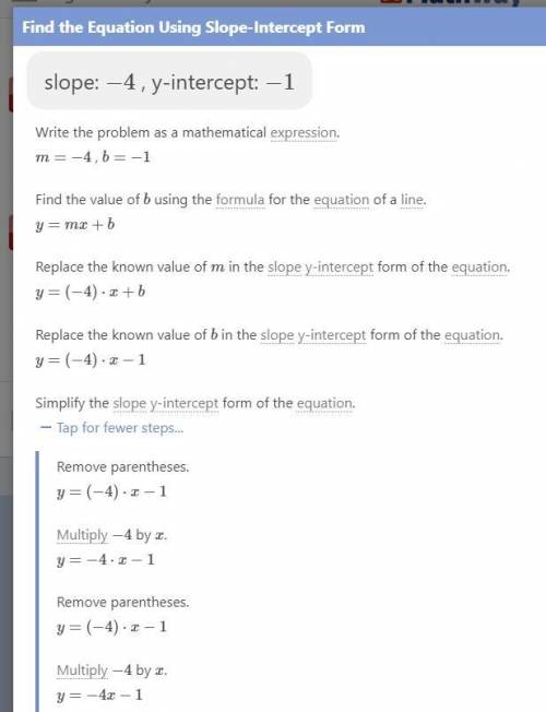 Write an equation in slope-intercept form for the line with slope -4 and y-intercept - 1. Then graph