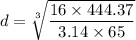 $d=\sqrt[3]{\frac{16 \times 444.37}{3.14 \times  65}}