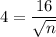 4=\dfrac{16}{\sqrt{n}}