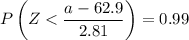 $P \left( Z < \frac{a-62.9}{2.81} \right) = 0.99$