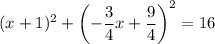 \displaystyle (x+1)^2 + \left(-\frac{3}{4} x  + \frac{9}{4}\right)^2 = 16