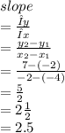 slope  \\ =  \frac{Δy}{Δx}  \\  =  \frac{y_{2} - y_1}{x_{2} - x_1}  \\  =  \frac{ 7 - ( - 2)}{ - 2 - ( - 4)}  \\  =  \frac{5}{2}  \\ =  2  \frac{1}{2}   \\  = 2.5