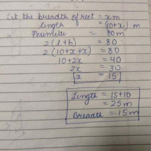 The length of a rectangle is 10 m more than its breadth. If the perimeter of rectangle is 80 m, find