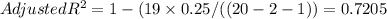 Adjusted R^2 =1-(19\times 0.25/((20-2-1)) = 0.7205