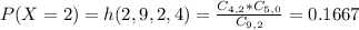 P(X = 2) = h(2,9,2,4) = \frac{C_{4,2}*C_{5,0}}{C_{9,2}} = 0.1667
