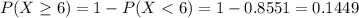 P(X \geq 6) = 1 - P(X < 6) = 1 - 0.8551 = 0.1449